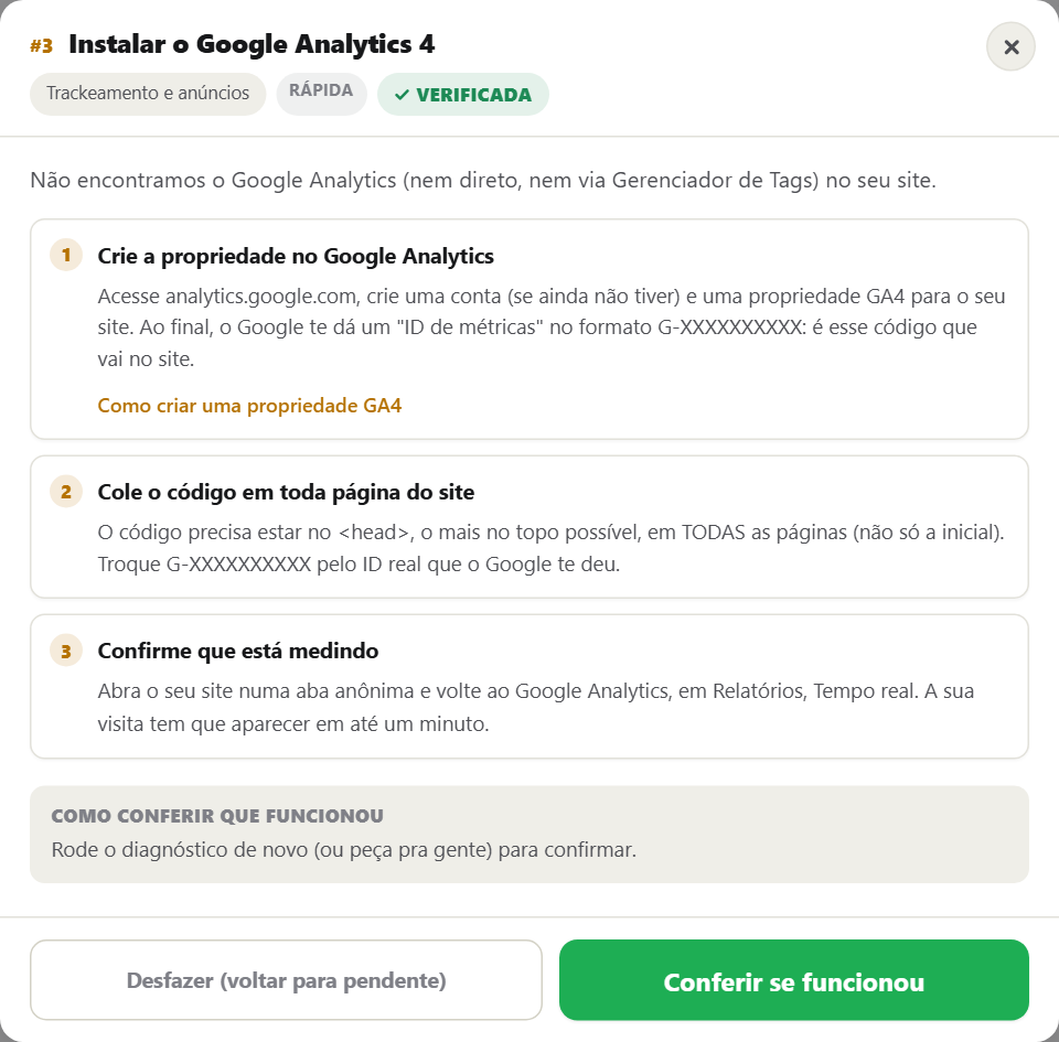Modal de uma ação do plano mostrando o passo a passo detalhado e um trecho de código pronto pra colar