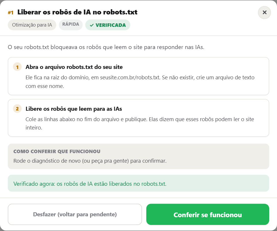 Bloco Como conferir que funcionou com o botão Conferir se funcionou e o resultado real de uma verificação