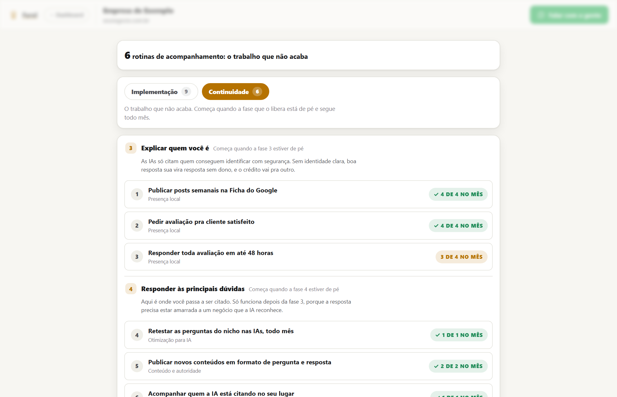Painel mostrando o roteiro completo do plano, incluindo o trabalho contínuo além da implementação